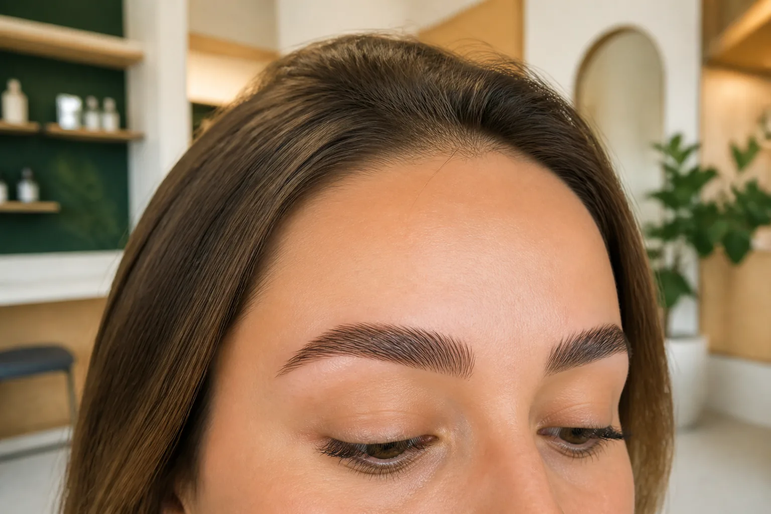 Adult client showing softly laminated and professionally shaped eyebrows in a modern studio