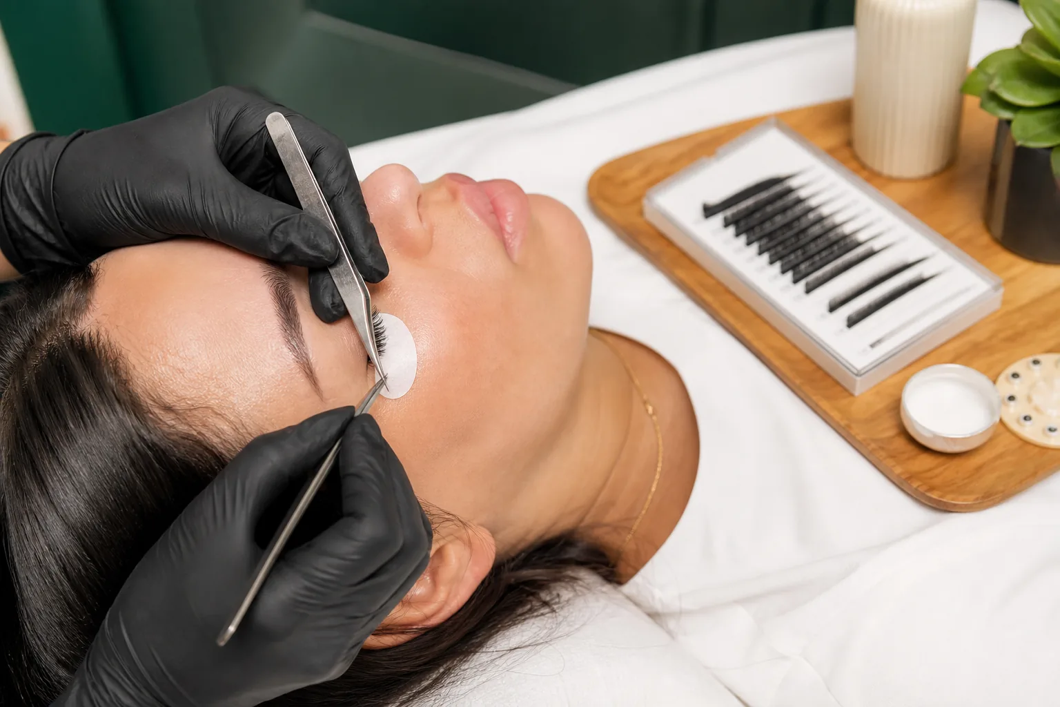 Lash artist completing an eyelash extension refill for an adult client in a clean studio