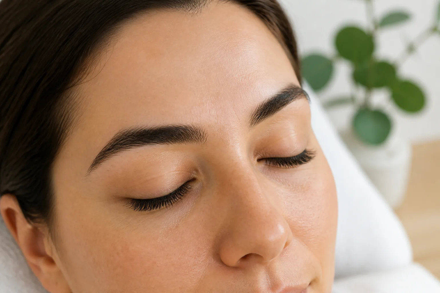 Adult client showing naturally lifted and tinted eyelashes after a lash lift service