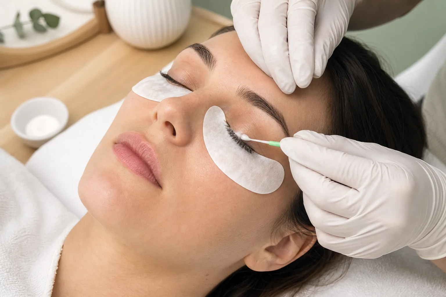 Professional applying cream remover during a gentle eyelash extension removal service