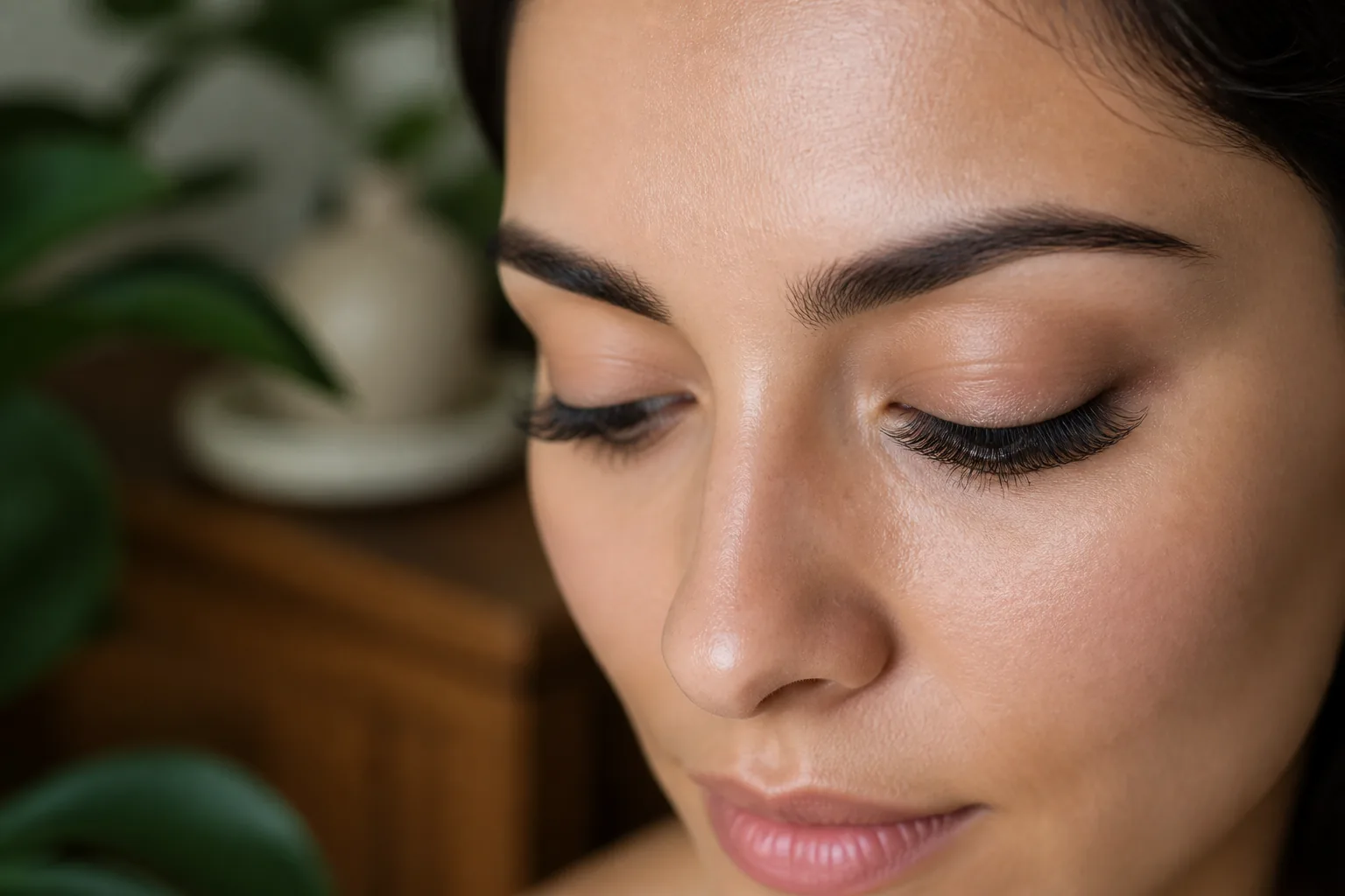 Adult client showing soft, feathery volume lash extensions in a green and wood studio setting